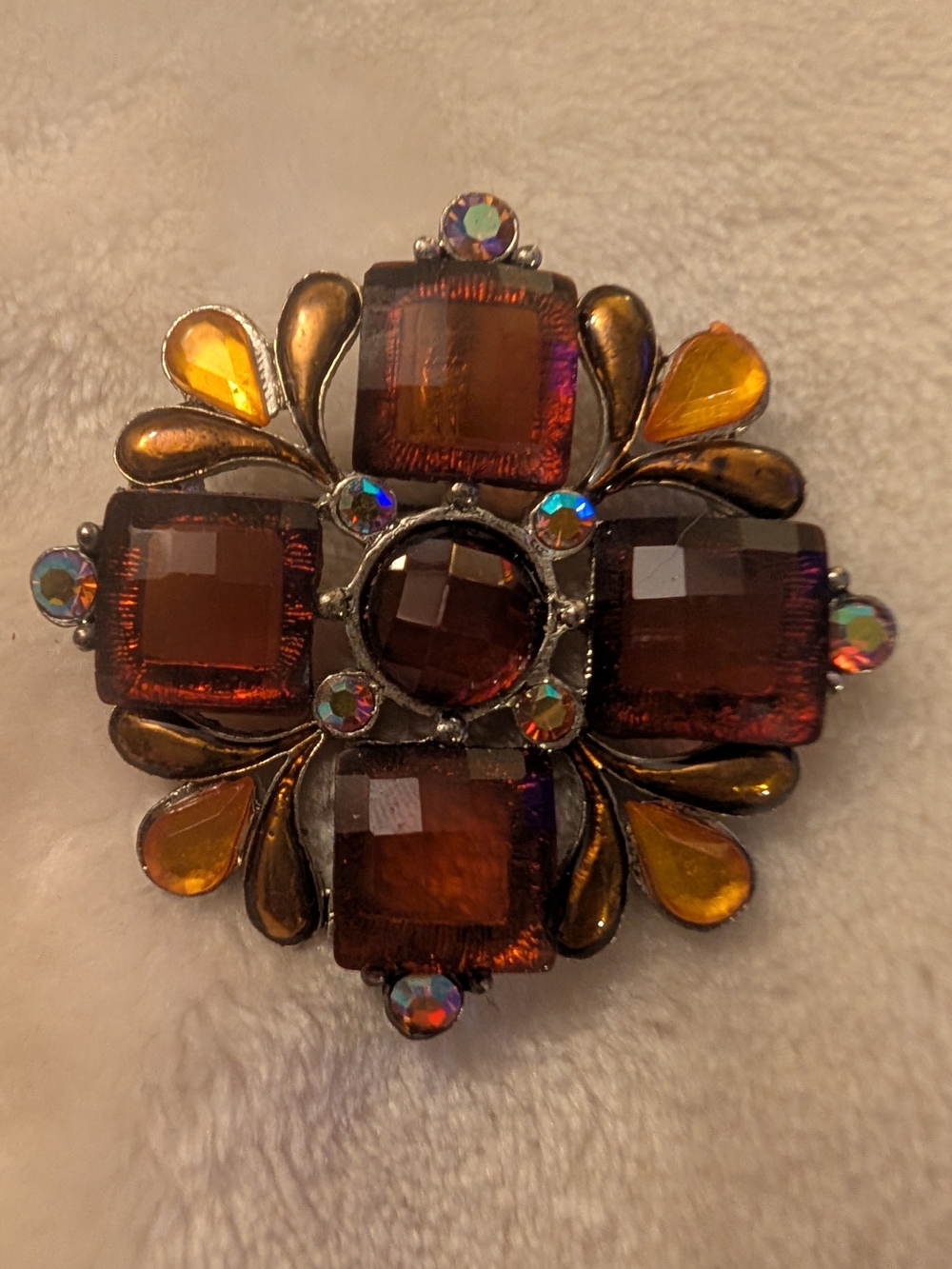 Vintage High End Mid Century Maltese Cross Root Beer Amber Glass Brooch Pendant